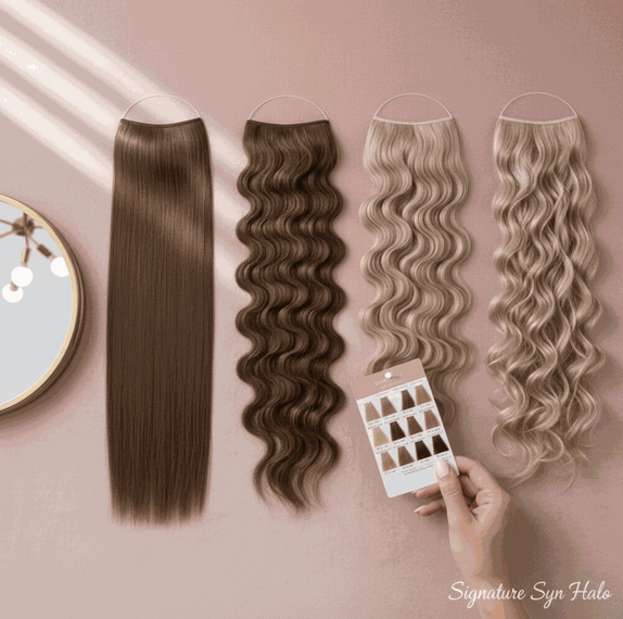 Triple Syn Halo Pack straight halo hair extensions with invisible wire and heat-resistant Kanekalon fiber for sleek UK hairstyles