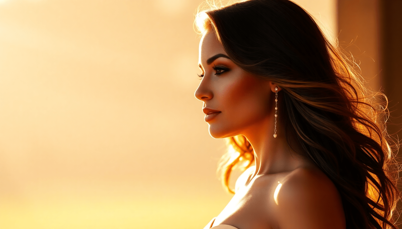 Woman wearing Signature Syn Halo hair extensions with effortless, elegant hairstyle