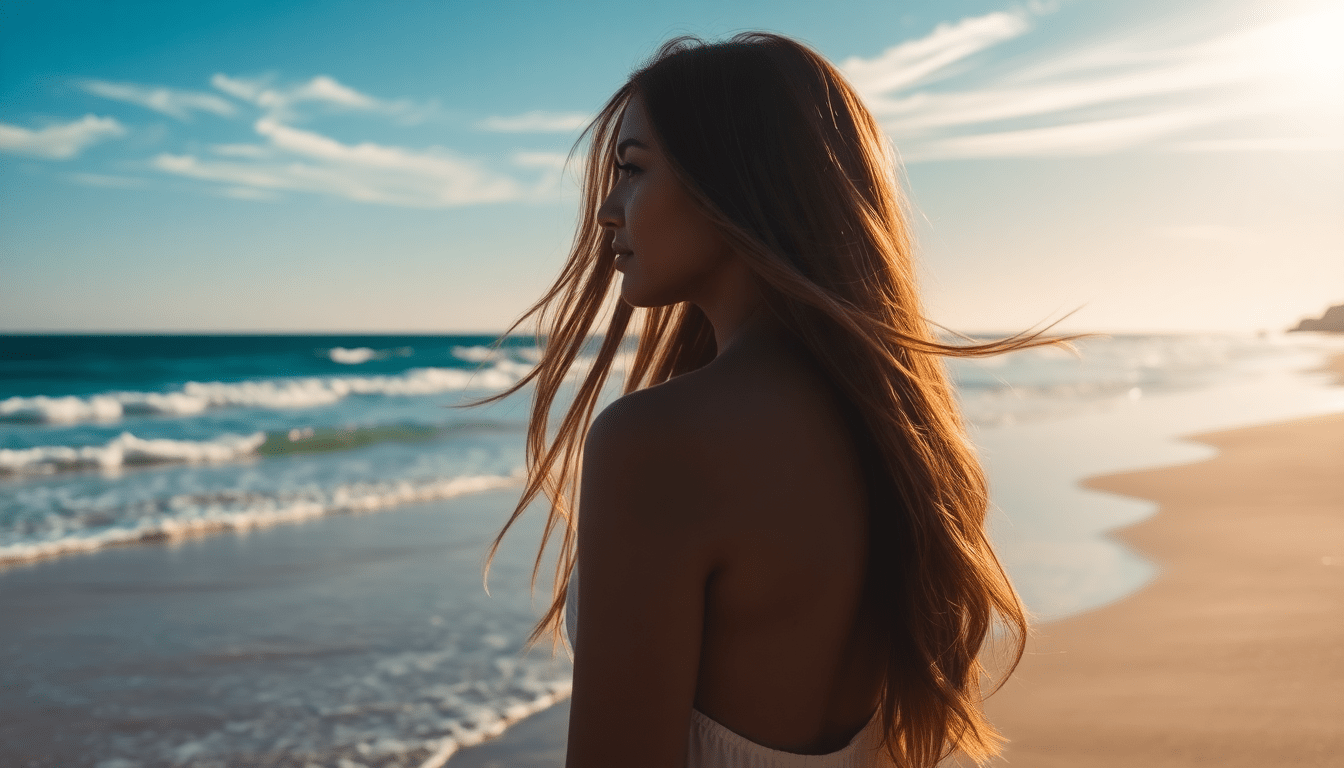 Woman with long, voluminous hair wearing Signature Syn Halo extensions on a sunny summer day