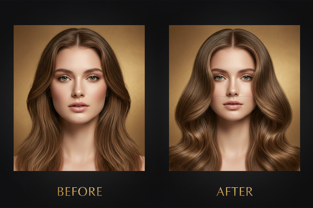 Woman with fine, thin hair wearing lightweight halo extensions for natural volume and length enhancement