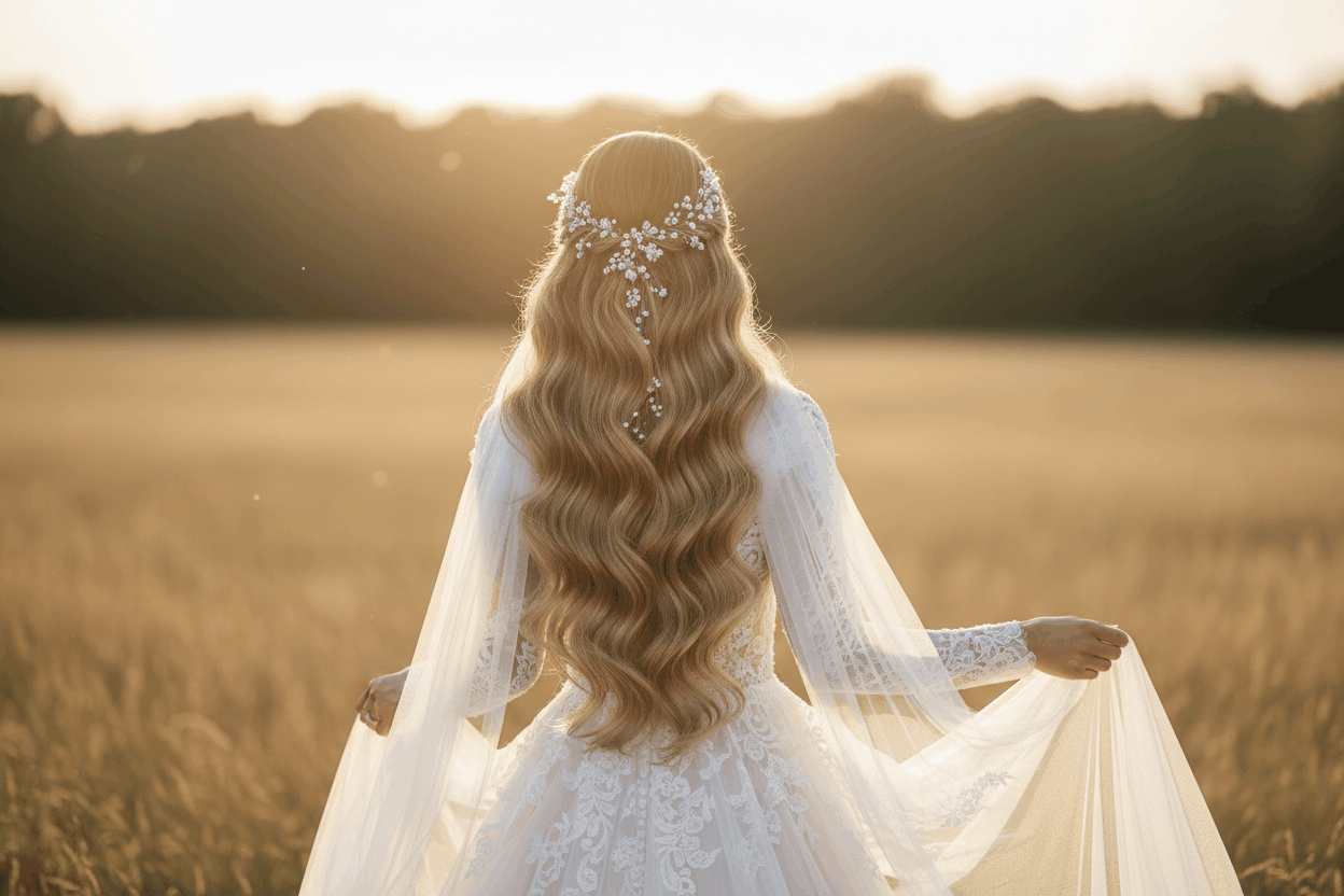 Bride with voluminous bridal updo using Signature Syn Halo Extensions for special occasions