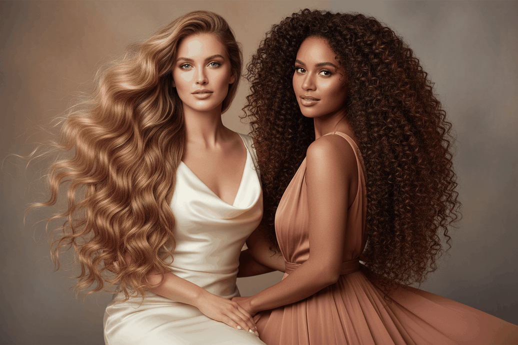 Close-up of wavy and curly halo hair extensions styled with natural texture and volume