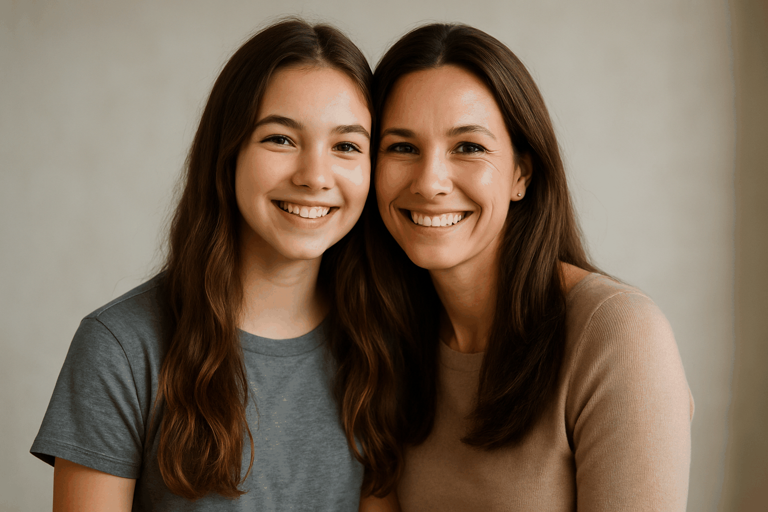 Mum and daughter sharing a signature Syn Halo hair bond with different lengths and vibrant backgrounds