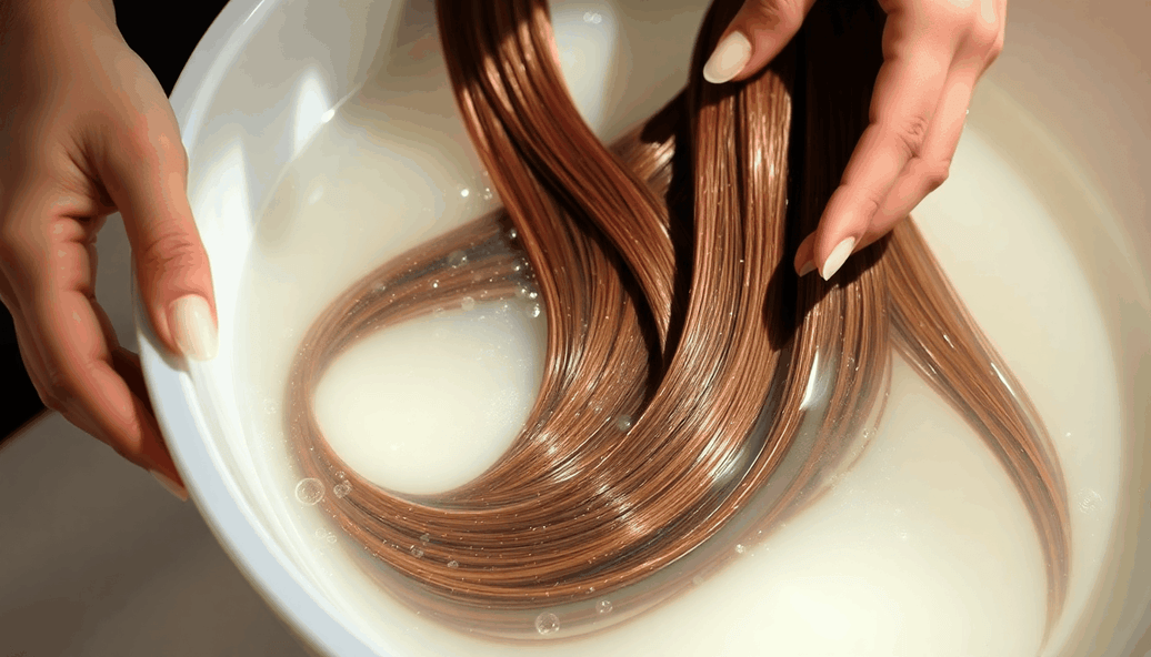 Woman gently washing synthetic hair extensions in a basin with sulfate-free shampoo