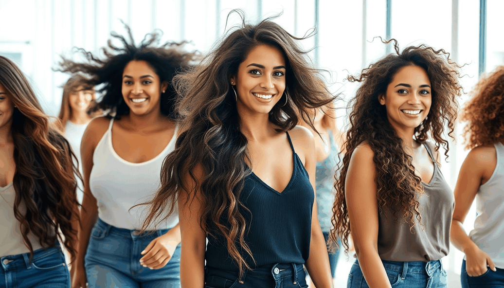 Woman with curly hair wearing synthetic halo hair extensions smiling indoors