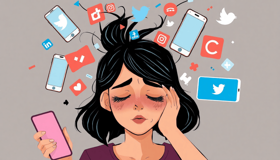 Young woman overwhelmed by social media notifications illustrating negative impacts of social media use