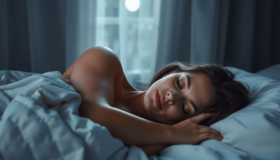Woman practicing bedtime routine with book and warm tea in cozy bedroom