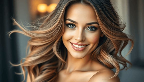 Woman with long, voluminous hair showcasing Signature Syn Halo premium hair extensions for effortless weekend glam