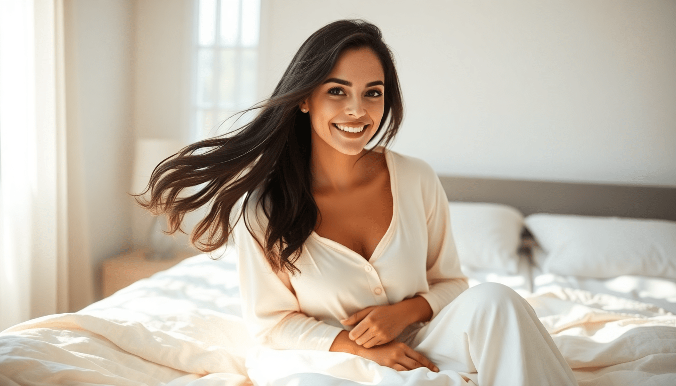 Woman applying Signature Syn Halo hair extensions in morning routine for natural volume and length