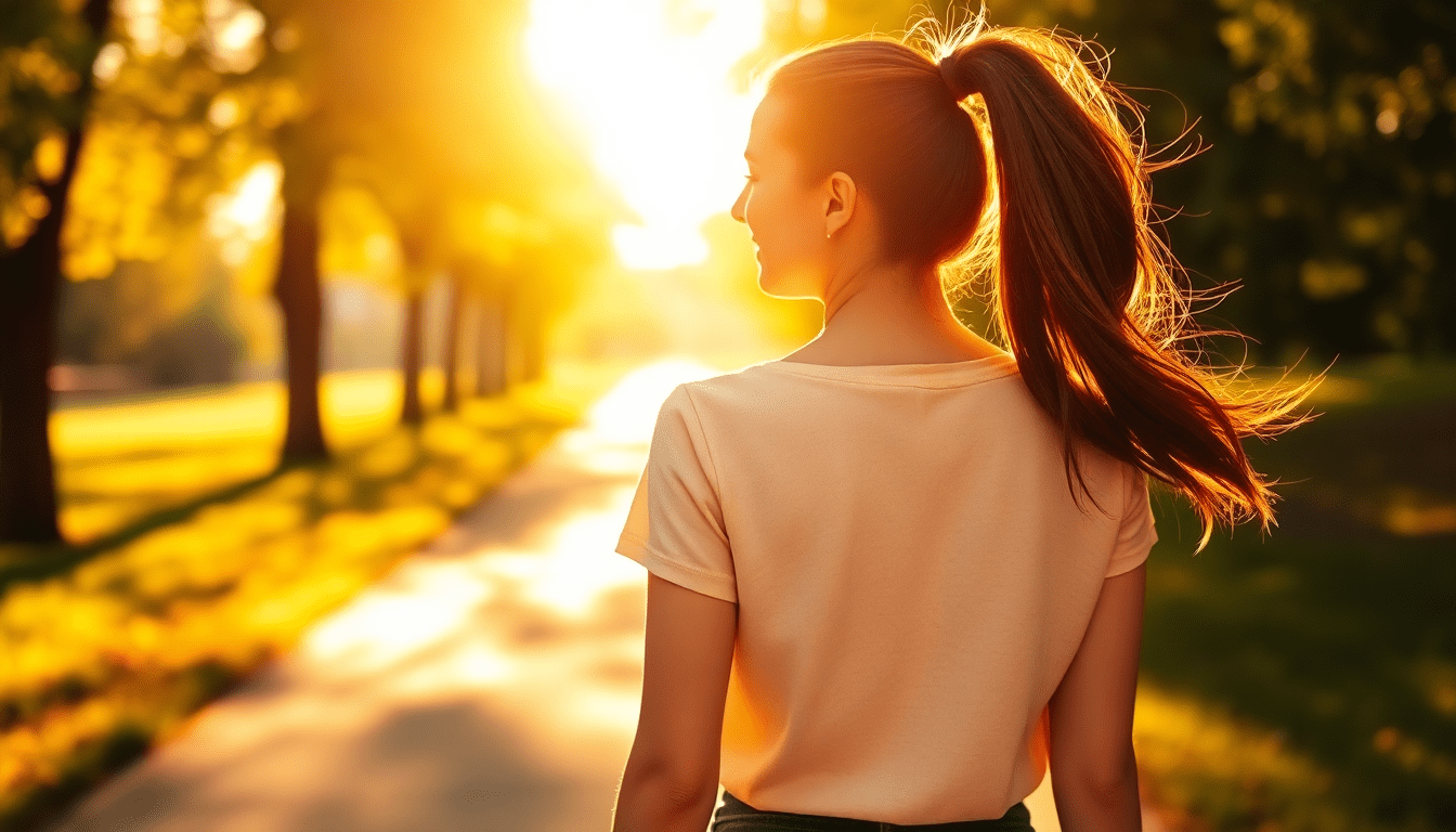 Woman walking outdoors on sunlit urban path surrounded by trees and flowers during 10,000 steps journey