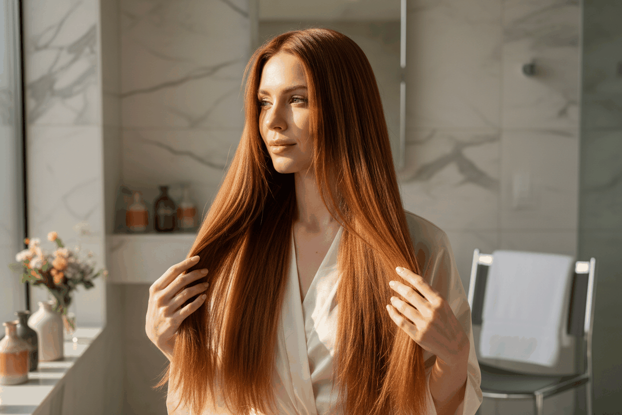 Woman with healthy natural curly hair applying hair moisturizer in bathroom mirror Natural Hair Care guide