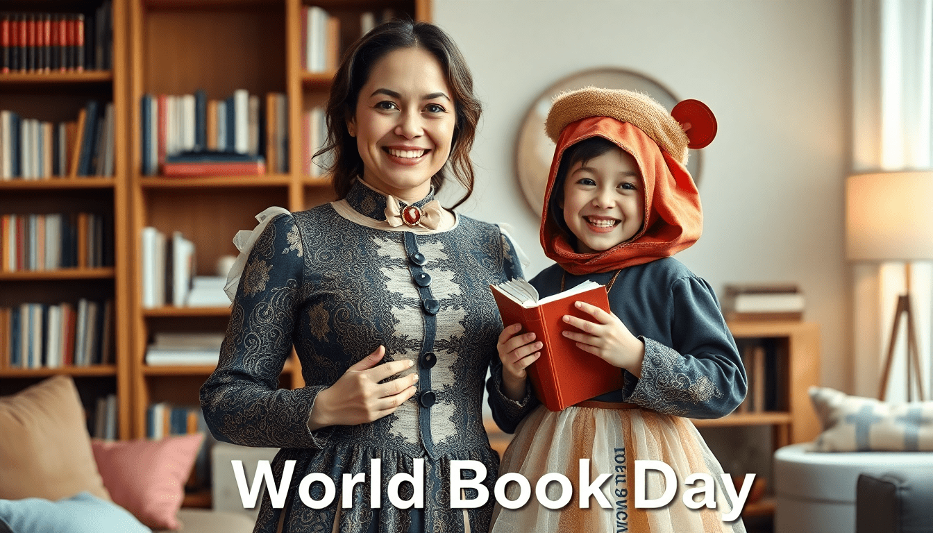 Mum overwhelmed by World Book Day costume chaos and library book pile at kitchen table