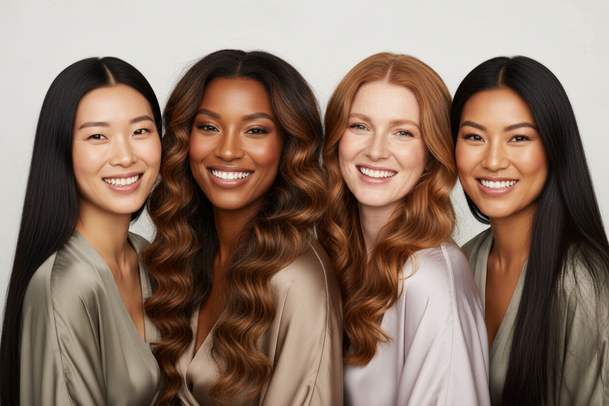 4 women with long straight and wavy hair - different looking to eachother, smiling and show no logos