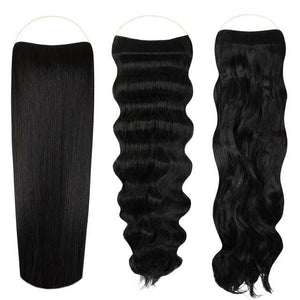 Signature Syn Halo hair extensions triple pack showing 14, 18, and 22 inch Kanekalon synthetic hair pieces with natural look and seamless blending