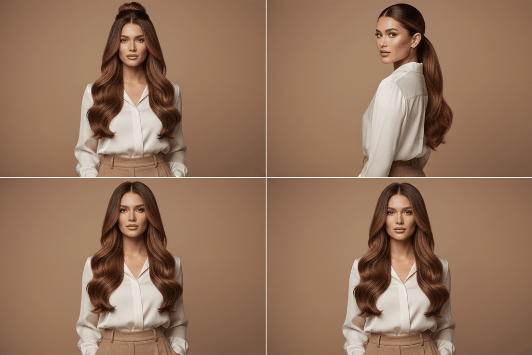 Woman styling versatile everyday hairstyles with halo hair extensions