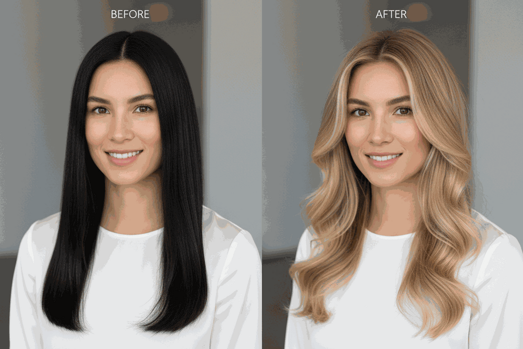 Step-by-step guide showing the gradual transformation from black hair to bleach blonde with care and without damage