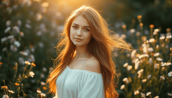 Woman with long, voluminous hair wearing Signature Syn Halo hair extensions, embracing spring transformation in a bright, natural setting