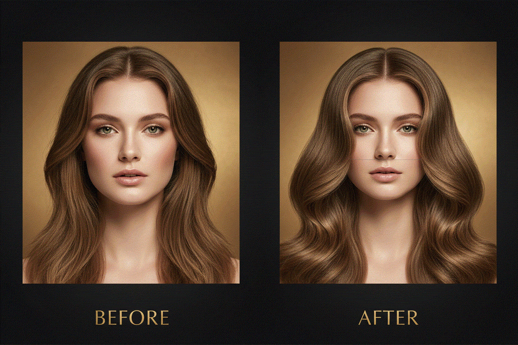 Woman with fine, thin hair wearing lightweight halo extensions for natural volume and length enhancement