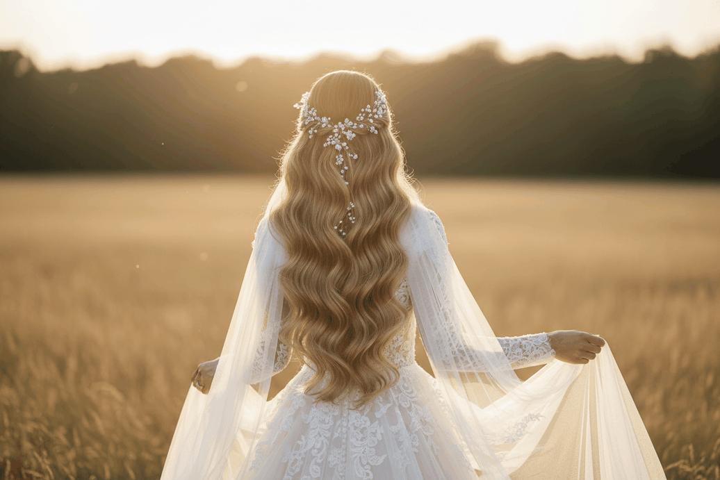 Bride with voluminous bridal updo using Signature Syn Halo Extensions for special occasions