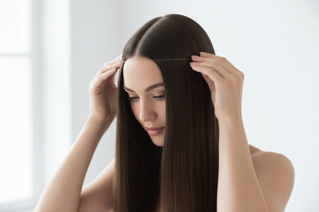 Woman applying a halo hair extension with a tail comb and mirror, step-by-step guide for beginners