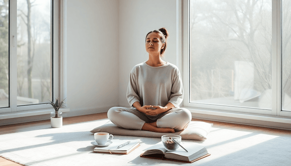 Woman practicing yoga stretches in a calm morning setting for mindful mornings ritual