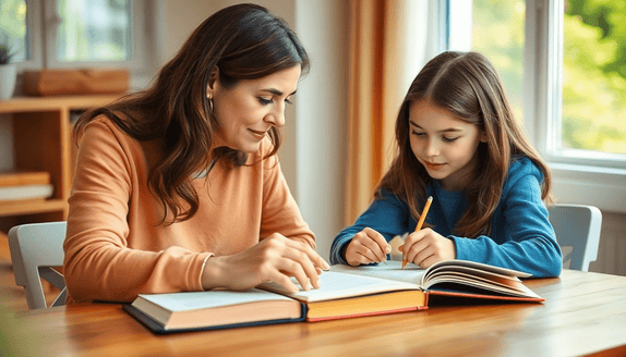 Parent comforting child studying for SATS exam to reduce exam stress