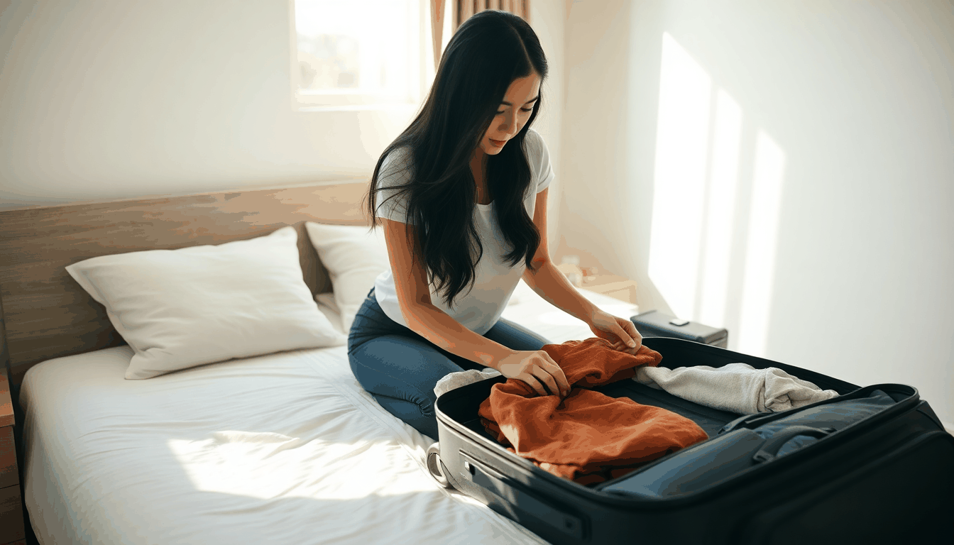 Traveler rolling clothes neatly in a suitcase using suitcase packing hacks for organized and space-saving packing.