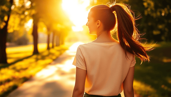 Person walking 10,000 steps on sunlit urban street surrounded by trees and flowers