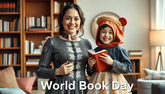 Mum overwhelmed by World Book Day costume chaos and library book pile at kitchen table