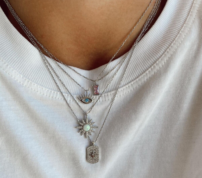 Aqua Blue Eye Evil Eye Sterling Silver Necklace