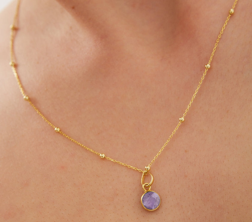 Amethyst Round Pendant Necklace With Beaded Chain in Sterling Silver