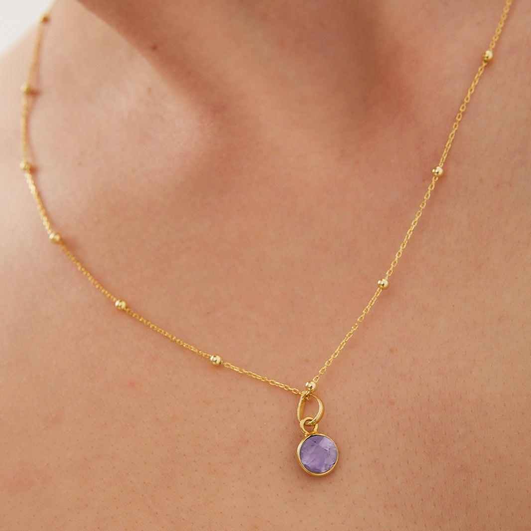 Amethyst Round Pendant Necklace With Beaded Chain in Sterling Silver