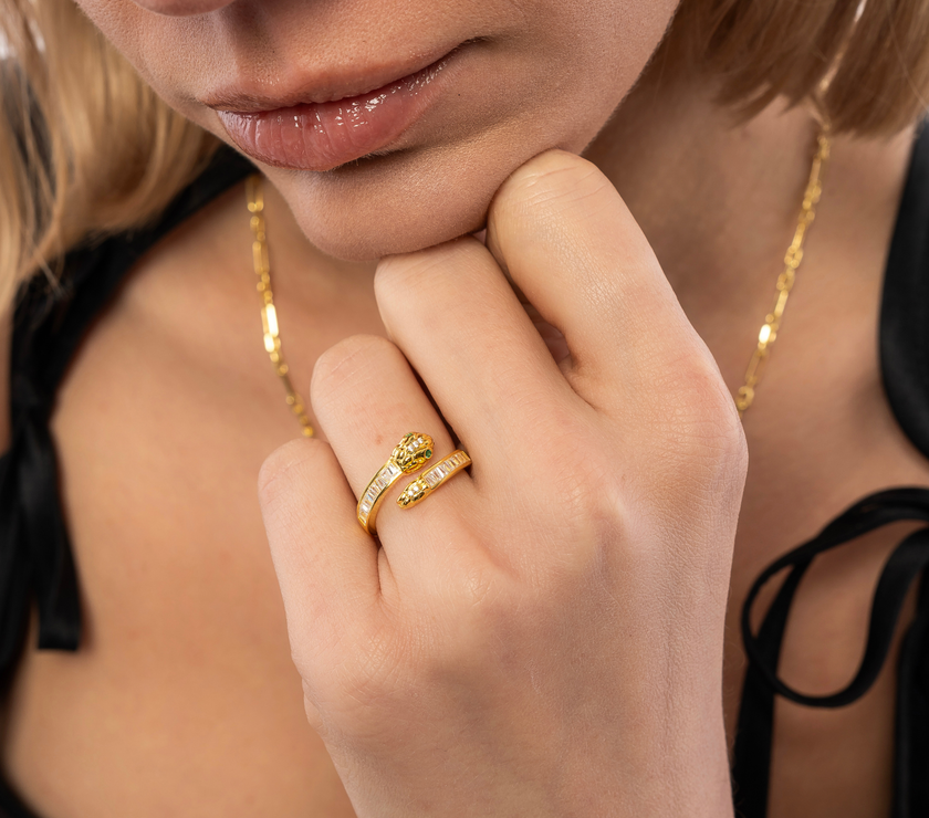 Baguette Snake Ring With Green Eyes in Sterling Silver