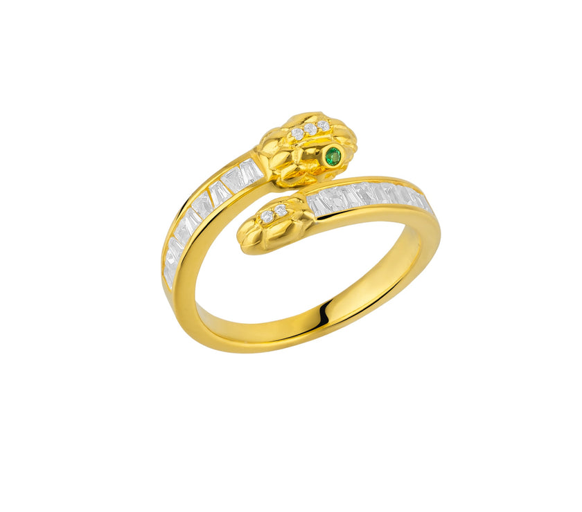 Baguette Snake Ring With Green Eyes in Sterling Silver