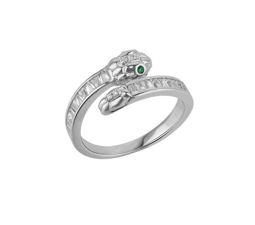 Baguette Snake Ring With Green Eyes in Sterling Silver