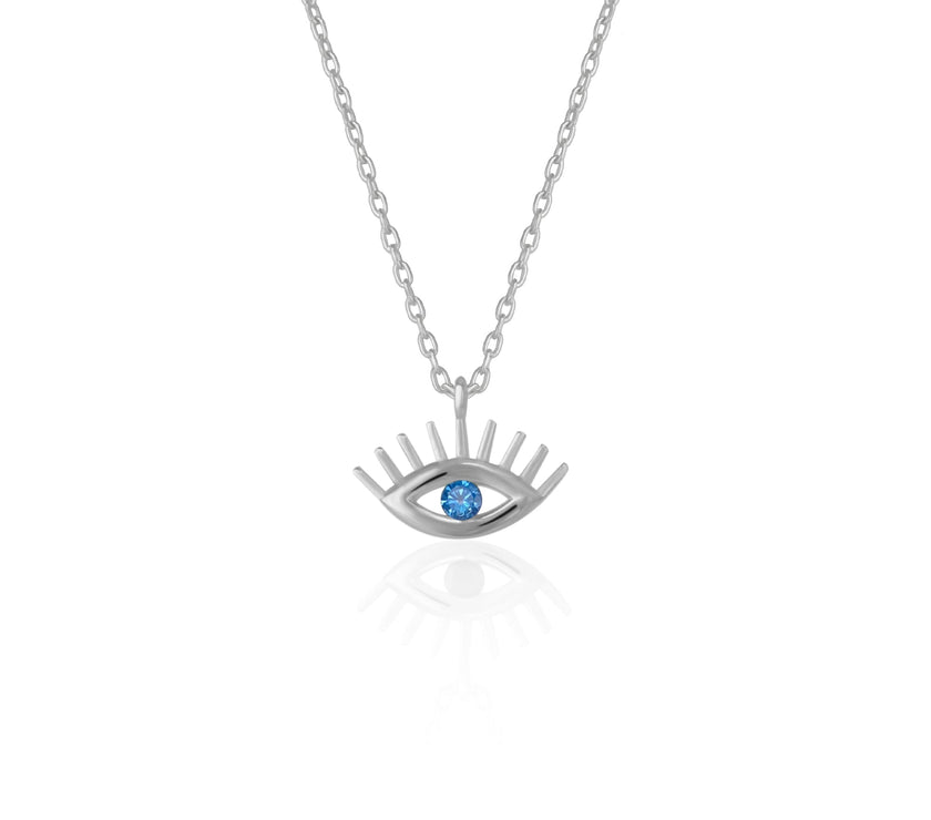 Aqua Blue Eye Evil Eye Sterling Silver Necklace