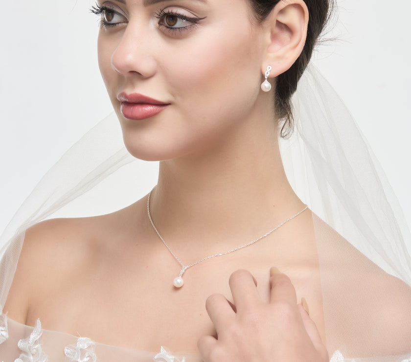 Silver Plated I Couldn't Say I Do Without You Infinity Pearl Drop Set with Zircondia® Crystals