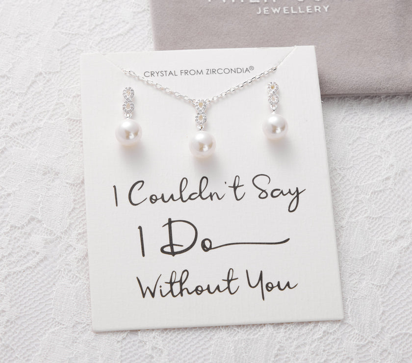 Silver Plated I Couldn't Say I Do Without You Infinity Pearl Drop Set with Zircondia® Crystals