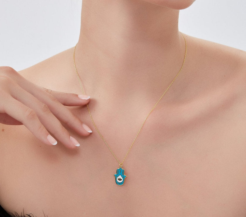 Authentic Turquoise Color Hamsa Hand Necklace Sterling Silver