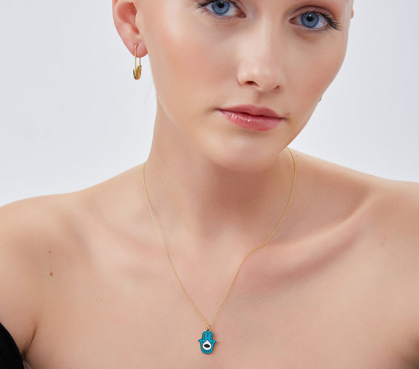 Authentic Turquoise Color Hamsa Hand Necklace Sterling Silver