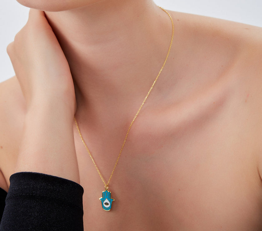 Authentic Turquoise Color Hamsa Hand Necklace Sterling Silver