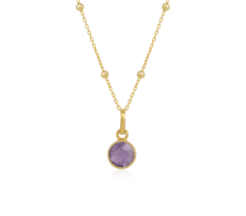 Amethyst Round Pendant Necklace With Beaded Chain in Sterling Silver