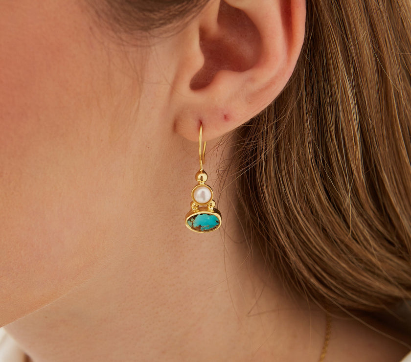 Authentic Turquoise Sterling Silver Drop Gold Plated Earrings