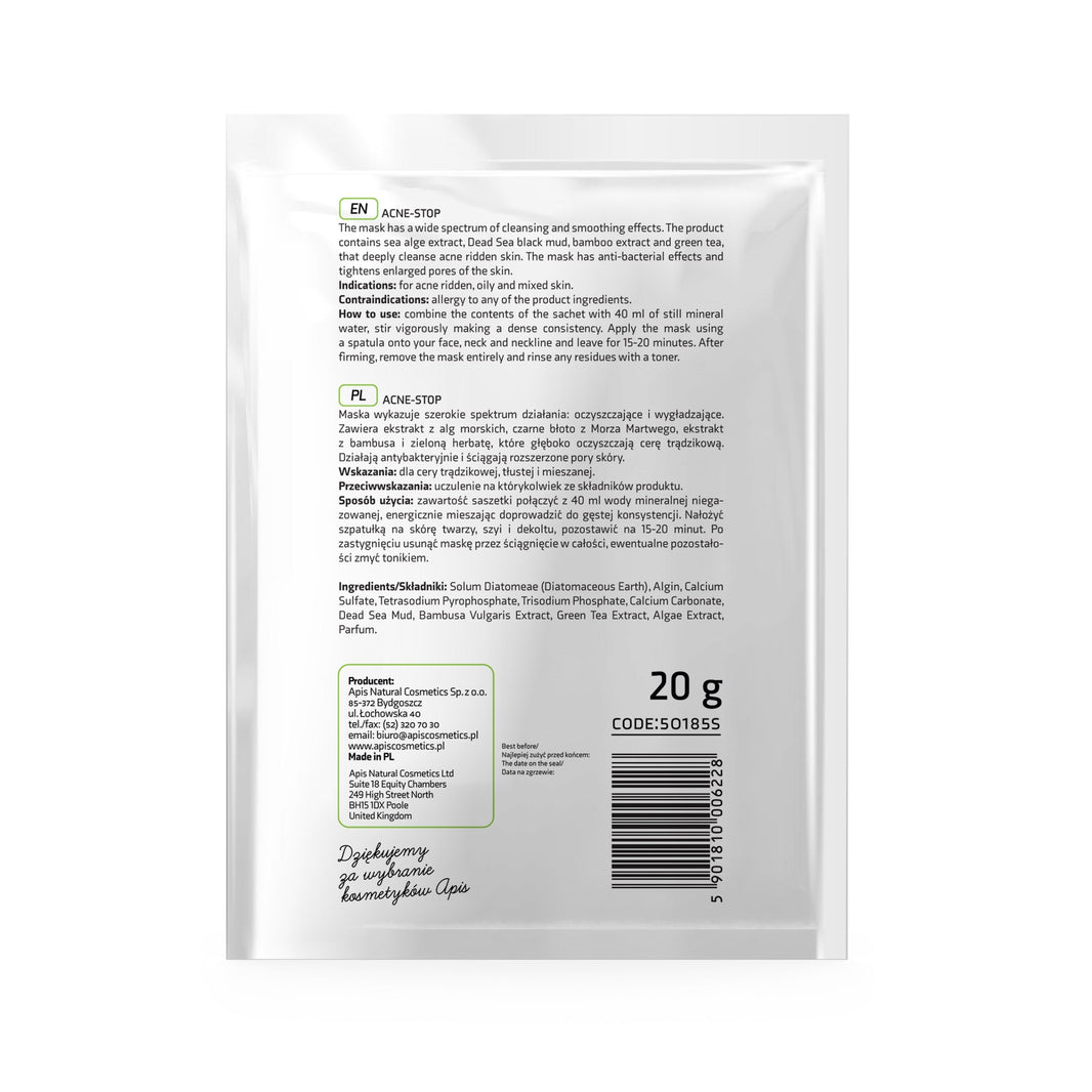 Apis ACNE-STOP Algae Mask for Acne-Prone Skin with Bamboo, Green Tea, and Dead Sea Black Mud | 20g Apis Natural Cosmetics UK
