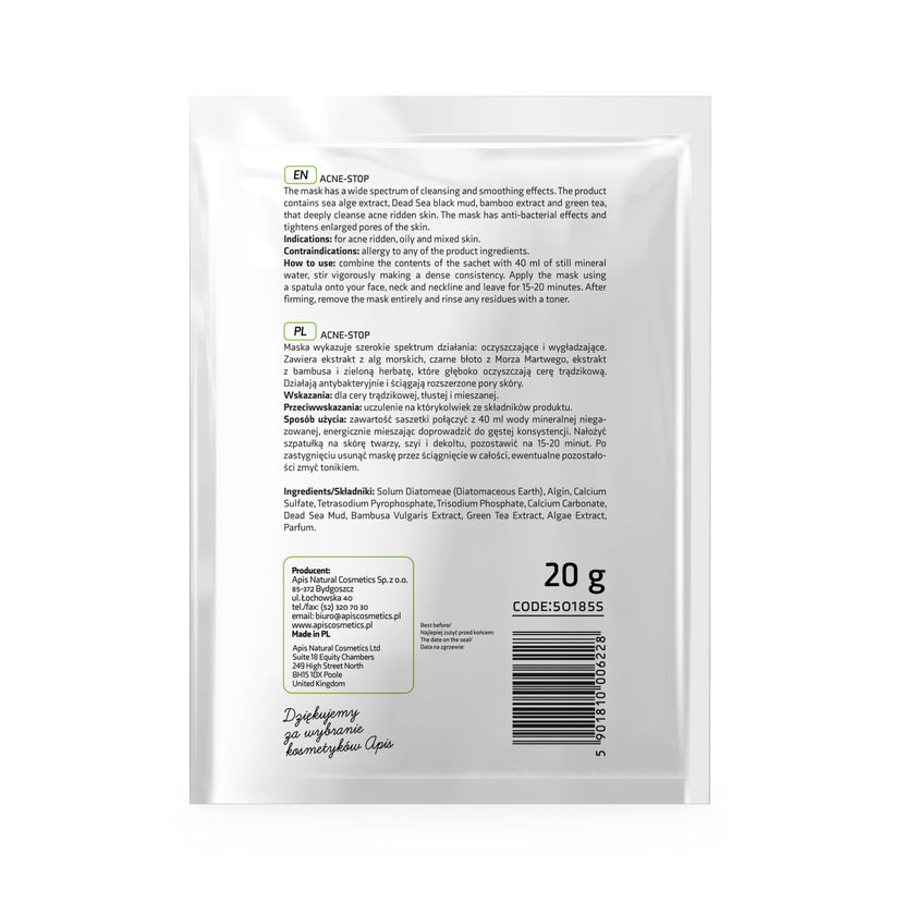 Apis ACNE-STOP Algae Mask for Acne-Prone Skin with Bamboo, Green Tea, and Dead Sea Black Mud | 20g Apis Natural Cosmetics UK