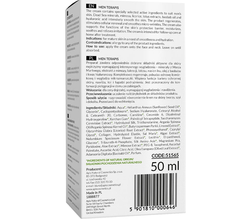 Apis MEN TERAPIS Smoothing Cream with Dead Sea Minerals | 50ml Apis Natural Cosmetics UK