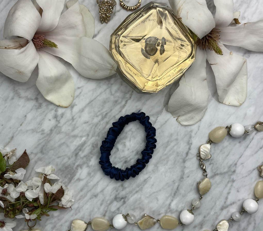 Navy Blue Silk Scrunchie - Skinny