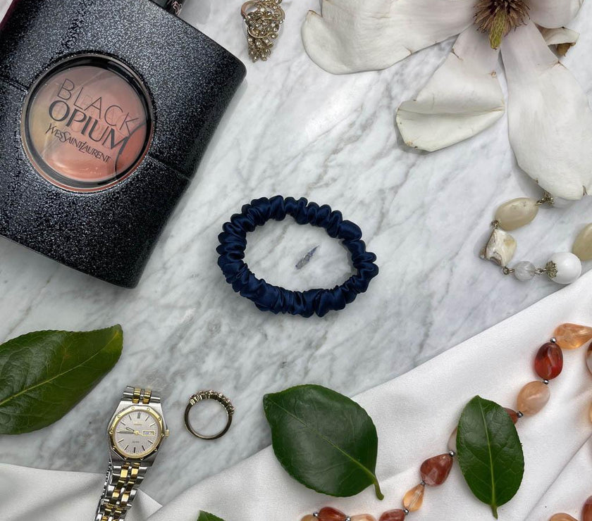 Navy Blue Silk Scrunchie - Skinny