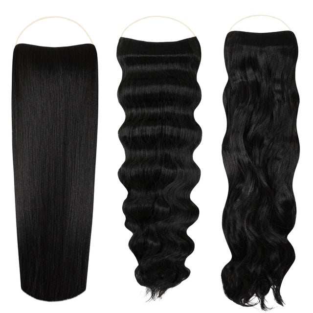 Signature Syn Halo hair extensions triple pack showing 14, 18, and 22 inch Kanekalon synthetic hair pieces with natural look and seamless blending