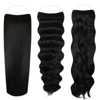 Signature Syn Halo hair extensions triple pack showing 14, 18, and 22 inch Kanekalon synthetic hair pieces with natural look and seamless blending